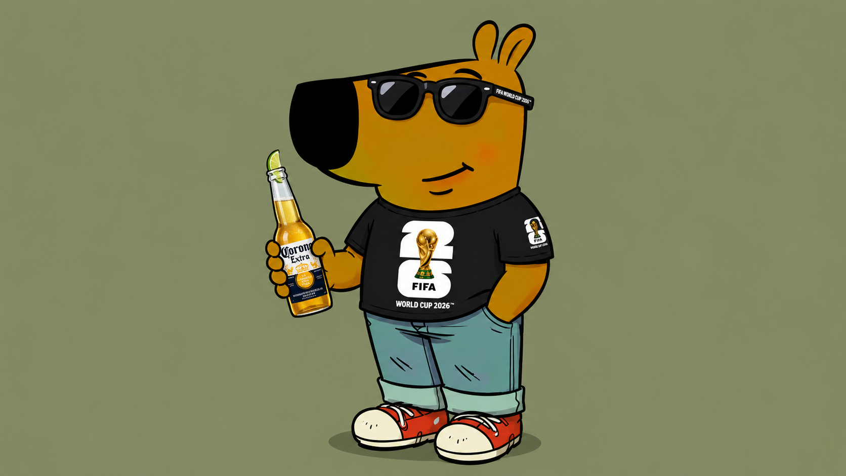 The original world cup guy mascot wearing sunglasses and holding a beer